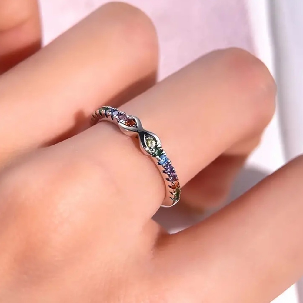 Multicolored Gemstone Band Infinity Ring SS925 Size 6 - Picture 3 of 7